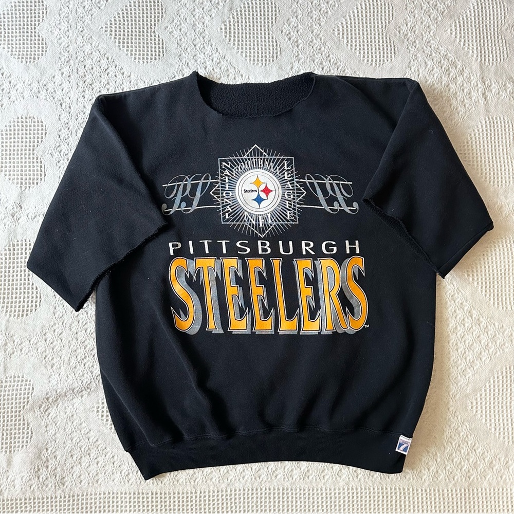 Vintage Pittsburgh Steelers Sweatshirt Mens Small Black Logo 7 NFL Vtg CHOPPED